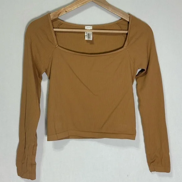 Nikibiki Womens Ribbed Square Neck Long Sleeve Top Camel Tan Seamless NS4061 - Picture 2 of 4